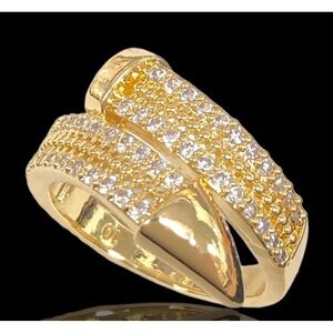 Laminated Gold Tone Statement Ring w Cubic Zirconia Pave Cocktail Jewelry Size 8
